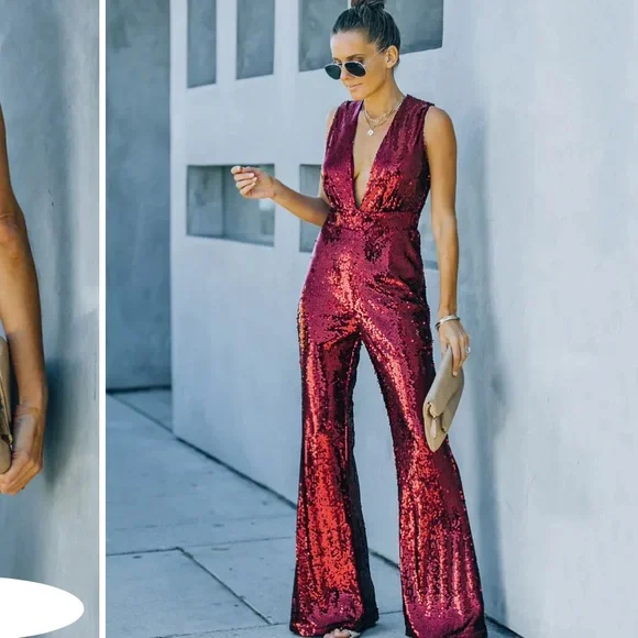 Burgundy Sequin Jumpsuit - Picture 1 of 6